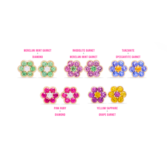 Blooms Stud Earrings colorways - Merelani mint garnet and diamond, rhodolite garnet and Merelani mint garnet, tanzanite and spessartite garnet, pink ruby and diamond, yellow sapphire and grape garnet