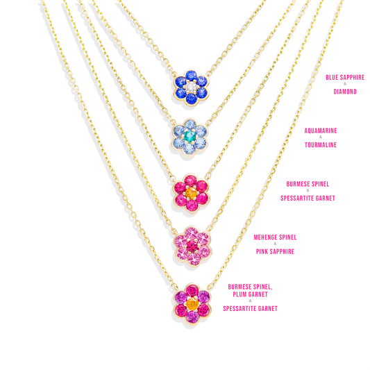 Small Blooms Pendant Necklace colorways - blue sapphire and diamond, aquamarine and tourmaline, Burmese spinel and spessartite garnet, Mehenge spinel and pink sapphire, Burmese spinel, plum garnet and spessartite garnet