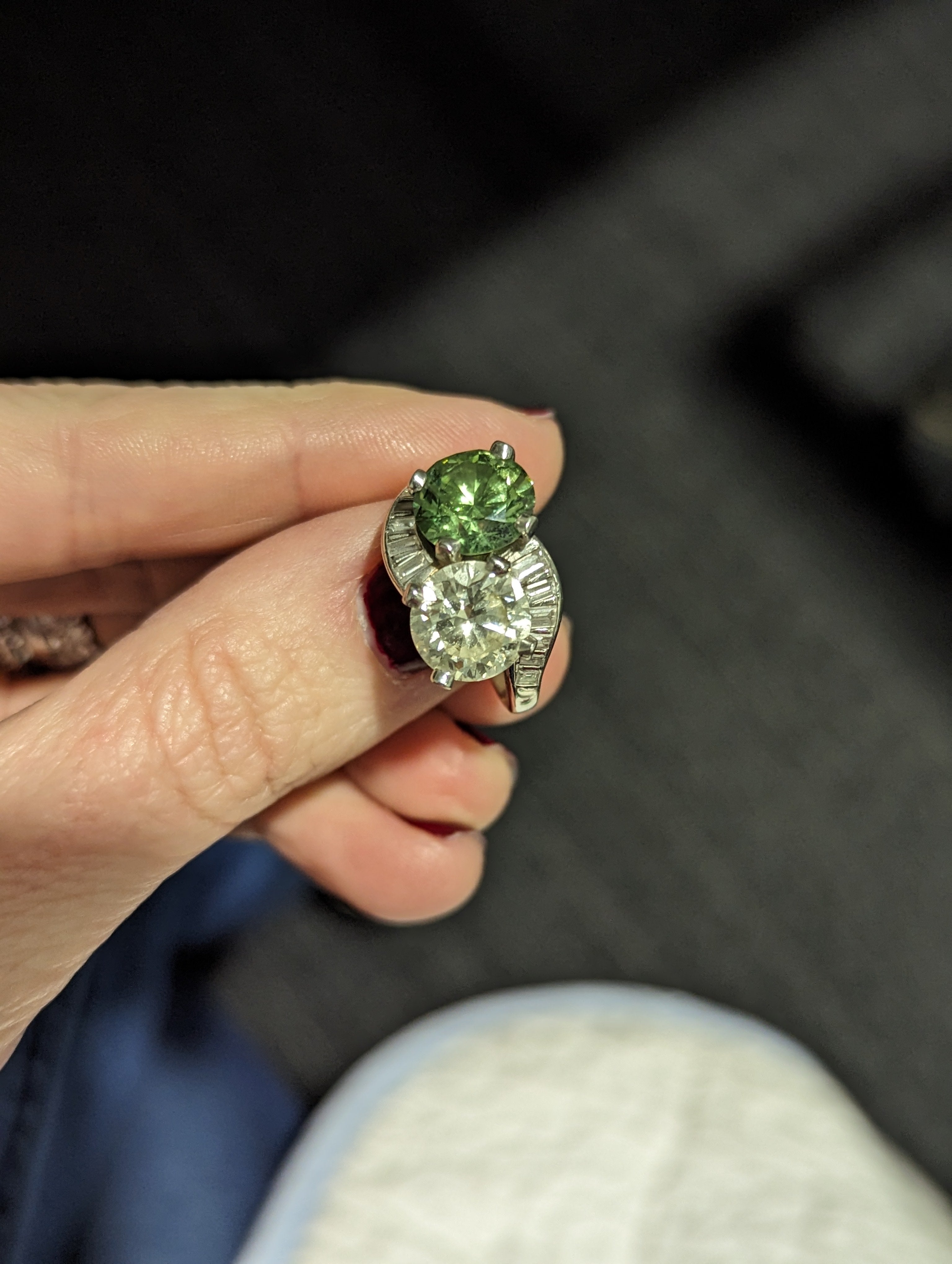 The original heirloom ring. We used the large white & green diamond as centerpieces for her pendant.