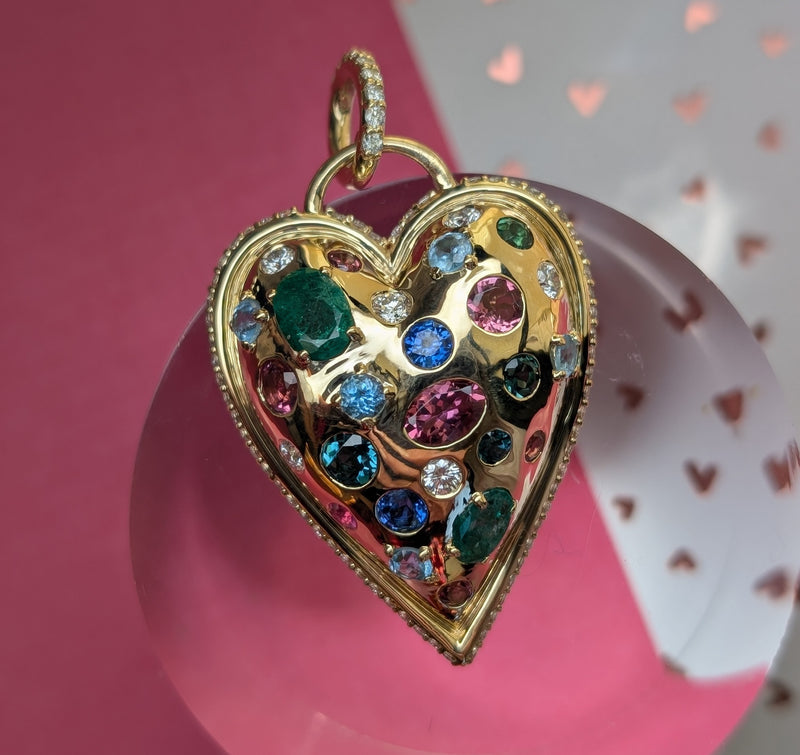 A custom puffy heart pendant - combining client owned and originally sourced stones