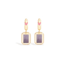 Load image into Gallery viewer, Spark Emerald Cut Drop Huggie - Black Mother of Pearl & Pink Sapphire