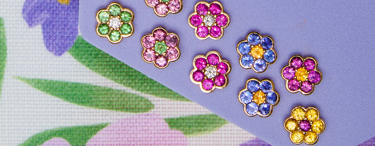 Blooms Earrings - one of a kind flower stud earrings in garnet, ruby, tanzanite and sapphire