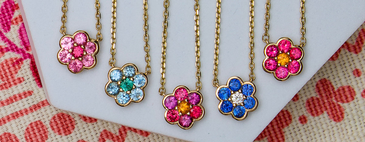 Blooms Necklaces - one of a kind flower pendant necklaces in spinel, aquamarine, sapphire and garnet