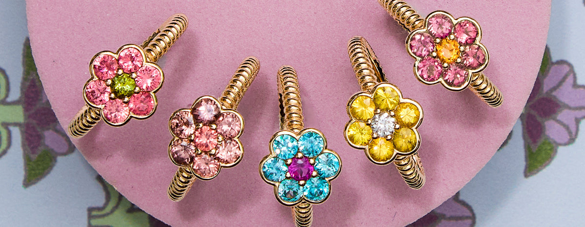 One of a Kind Blooms rings in pink tourmaline, spinel, blue zircon, yellow sapphire and garnet