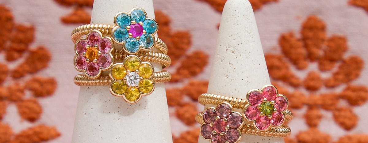Blooms Rings - one of a kind flower rings stacked on ring cones