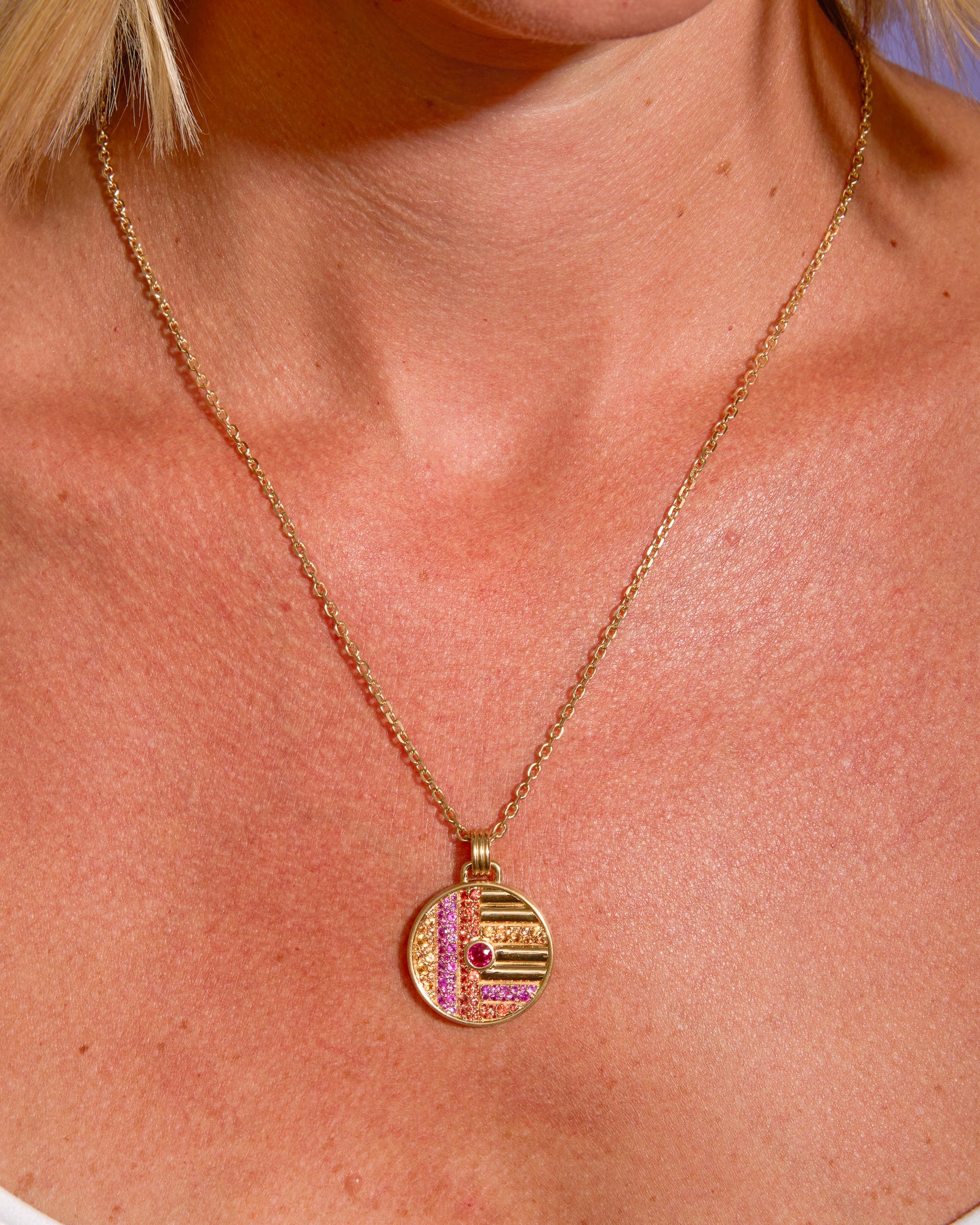 Found Large Disk Pendant Necklace - Pink, Orange & Yellow Sapphire