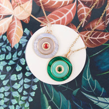 Load image into Gallery viewer, Evolve Stone Inlay Disk Pendant Necklace - Purple/Orange

