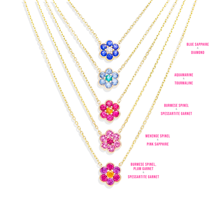 Small Blooms Pendant Necklace colorways - blue sapphire and diamond, aquamarine and tourmaline, Burmese spinel and spessartite garnet, Mehenge spinel and pink sapphire, Burmese spinel, plum garnet and spessartite garnet