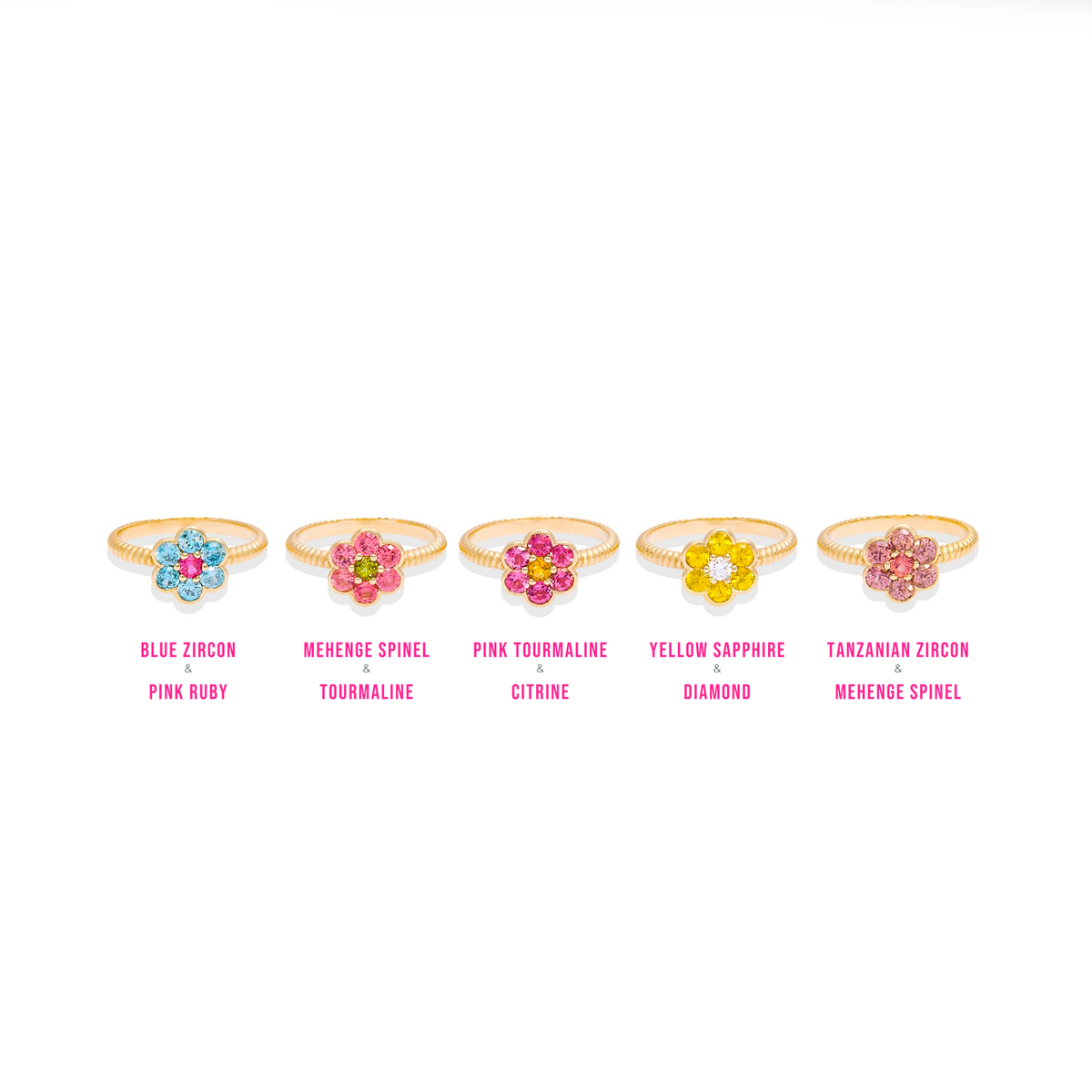 Blooms Medium Ring colorways - blue zircon and pink ruby, Mehenge spinel and tourmaline, pink tourmaline and citrine, yellow sapphire and diamond, Tanzanian zircon and Mehenge spinel