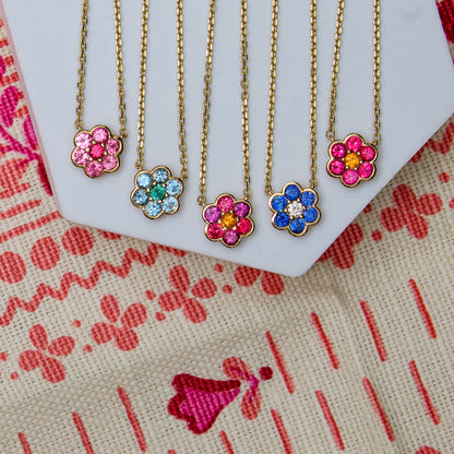 Five Blooms Small Pendant Necklaces in 14k yellow gold - Mehenge spinel and pink sapphire, aquamarine and tourmaline, Burmese spinel, plum garnet and spessartite garnet, blue sapphire and diamond, Burmese spinel and spessartite garnet