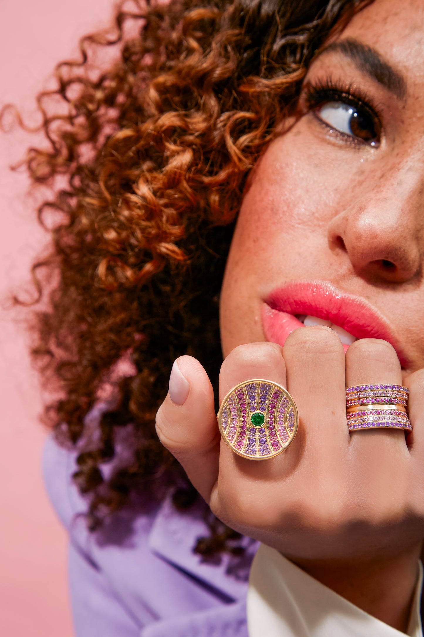 Revel Large Dimensional Ring - Tsavorite, Amethyst, Rhodolite Garnet & Pink Sapphire