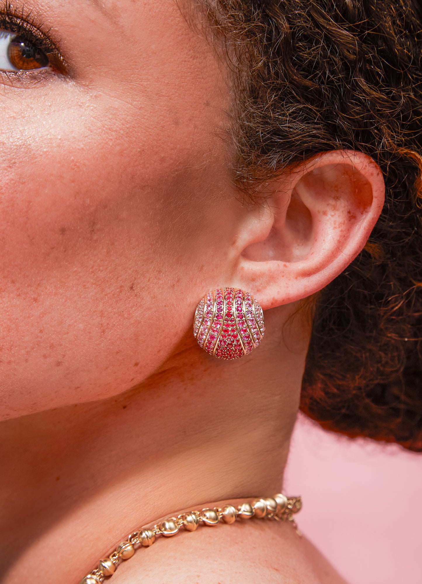 Revel Large Bead Huggie - Ruby & Pink Sapphire