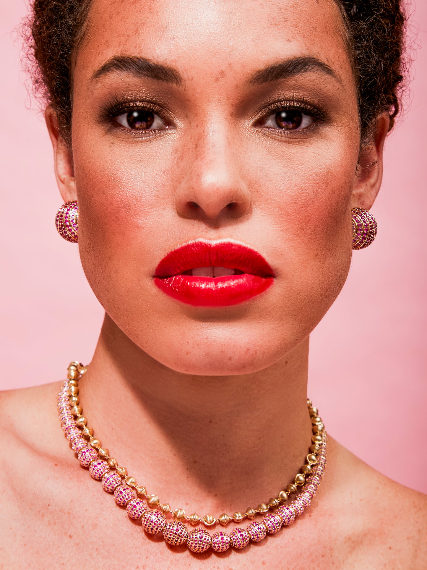 Revel Large Bead Huggie - Ruby & Pink Sapphire
