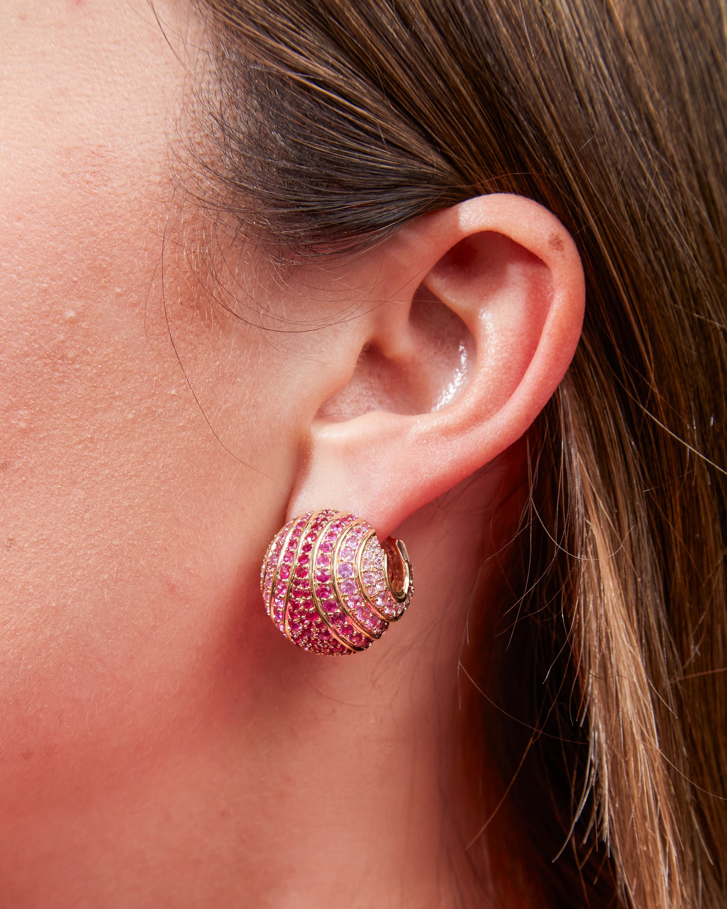 Revel Large Bead Huggie - Ruby & Pink Sapphire