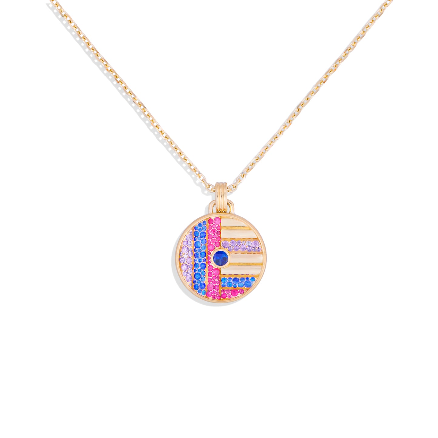 Found Large Disk Pendant Necklace - Blue & Pink Sapphire, Amethyst