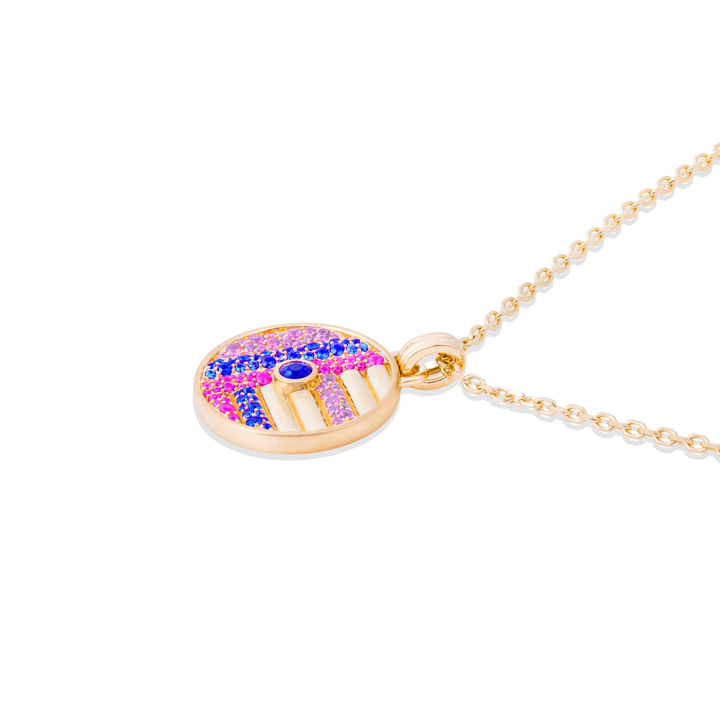 Found Large Disk Pendant Necklace - Blue & Pink Sapphire, Amethyst