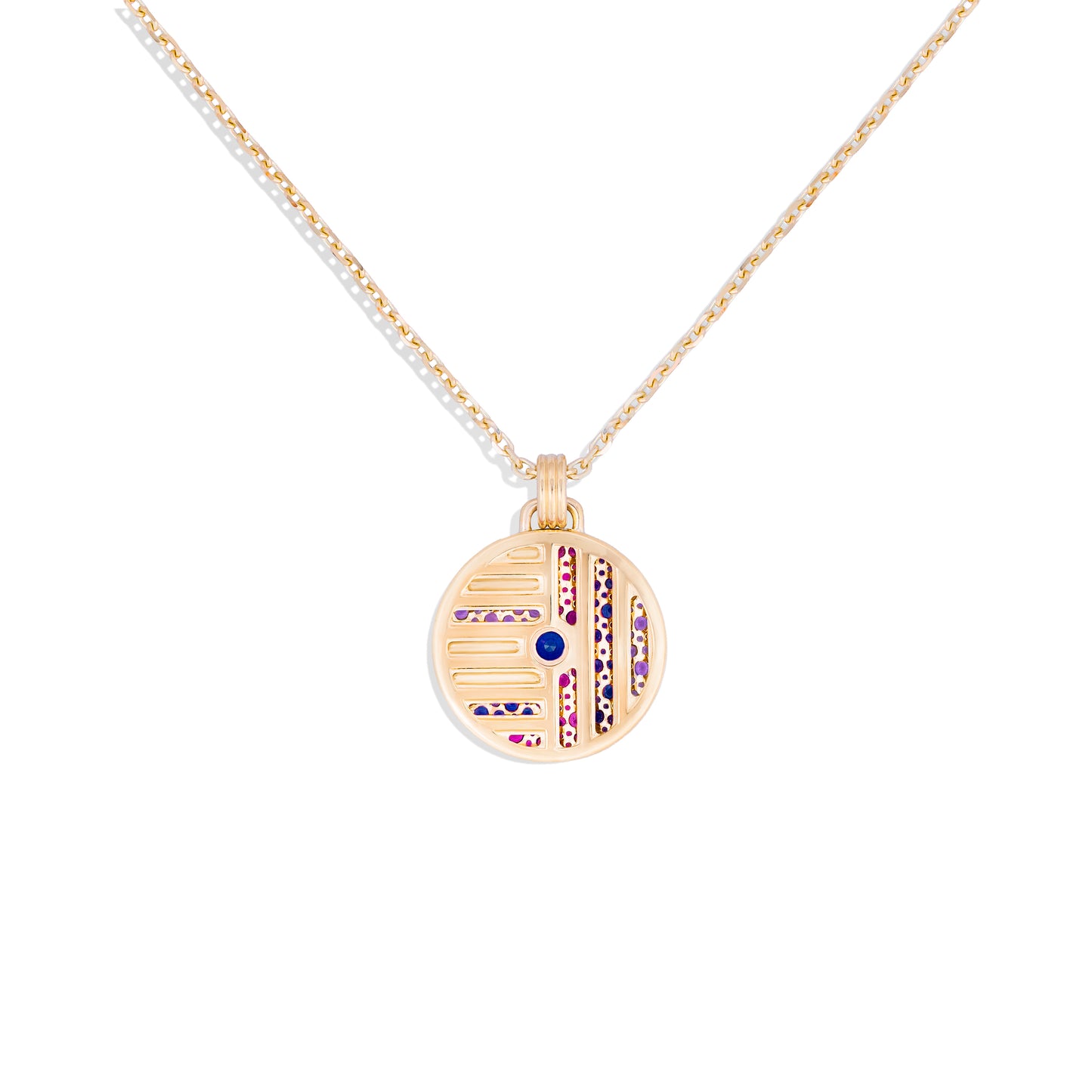 Found Large Disk Pendant Necklace - Blue & Pink Sapphire, Amethyst