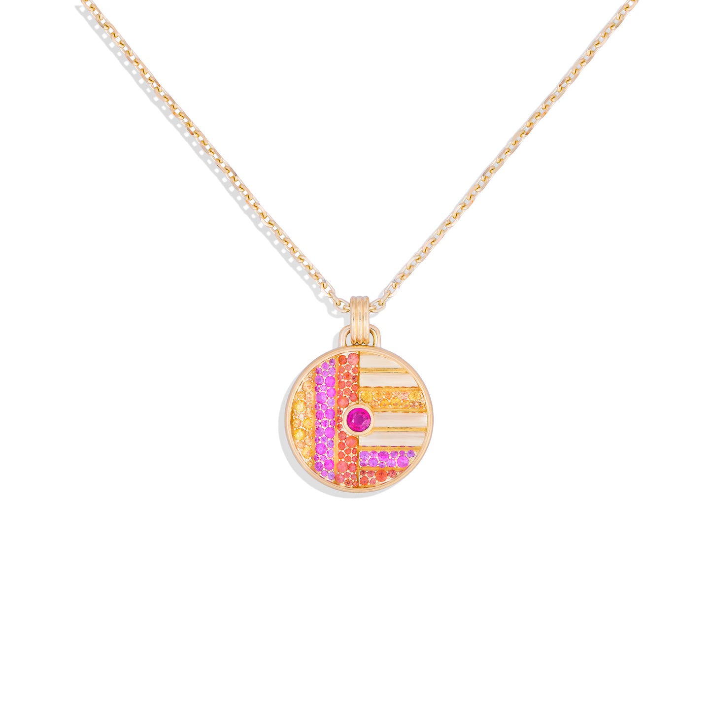 Found Large Disk Pendant Necklace - Pink, Orange & Yellow Sapphire