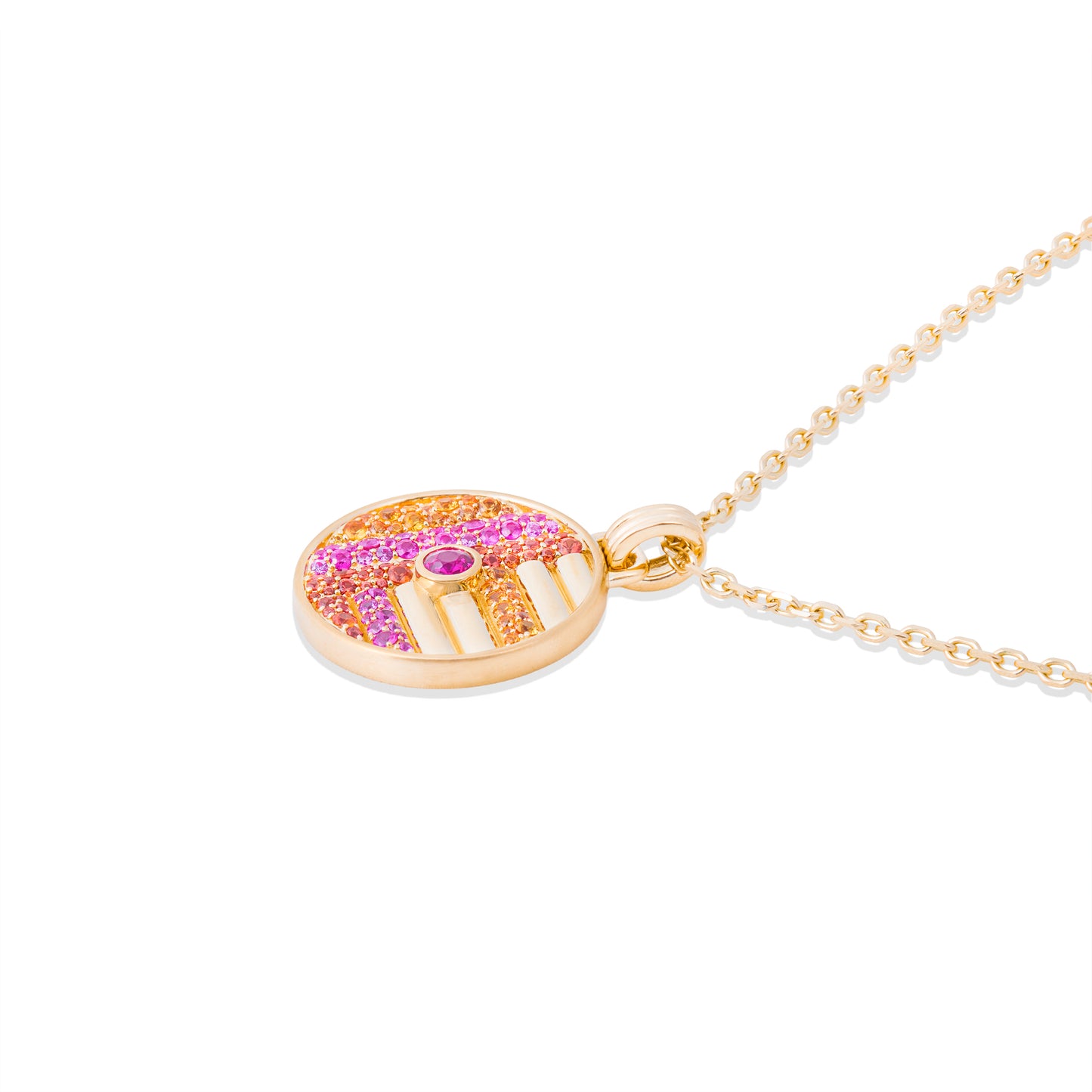 Found Large Disk Pendant Necklace - Pink, Orange & Yellow Sapphire