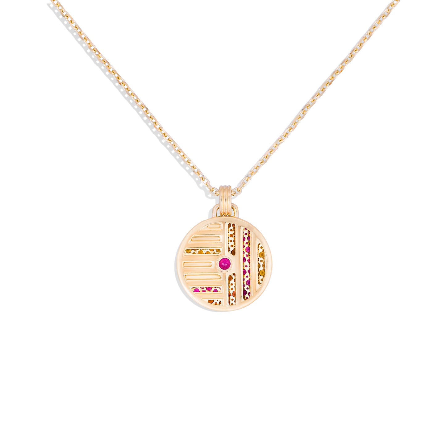 Found Large Disk Pendant Necklace - Pink, Orange & Yellow Sapphire