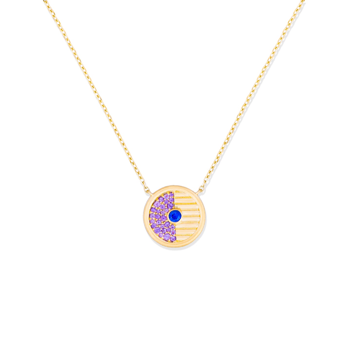 Found Small Disk Pendant Necklace - Blue Sapphire & Amethyst