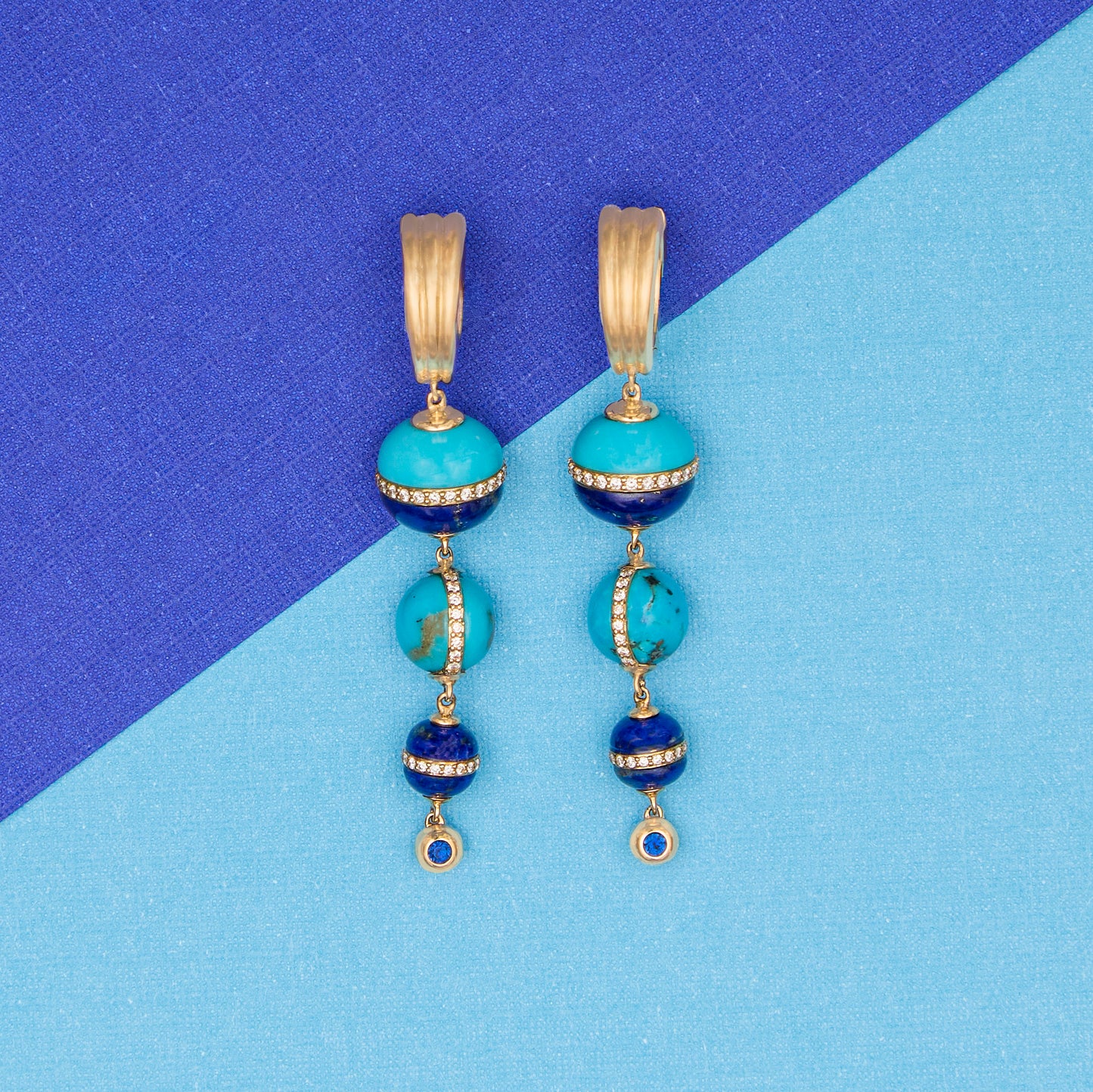 Revel Inlay Bobble Chandelier Earring - Lapis, Turquoise, Blue Sapphire & Diamond