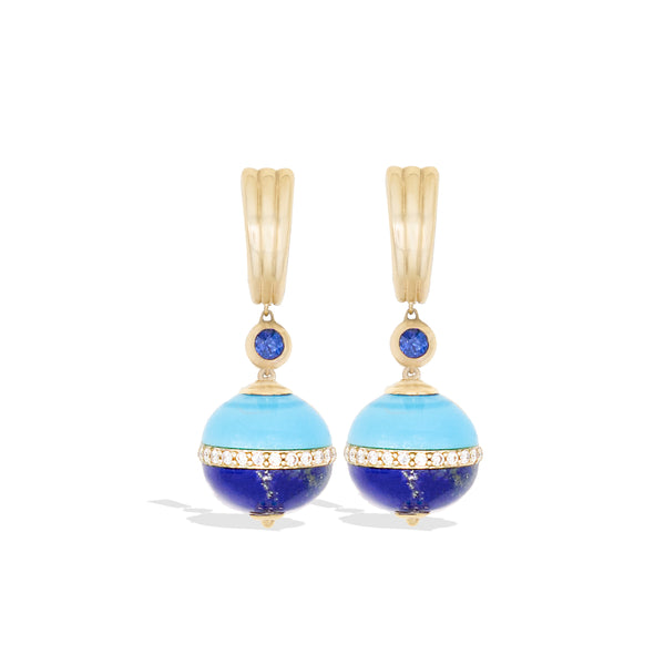Revel Inlay Bobble Earring - Lapis, Turquoise, Blue Sapphire & Diamond
