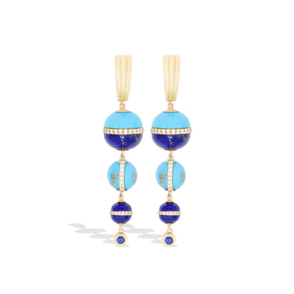 Revel Inlay Bobble Chandelier Earring - Lapis, Turquoise, Blue Sapphire & Diamond