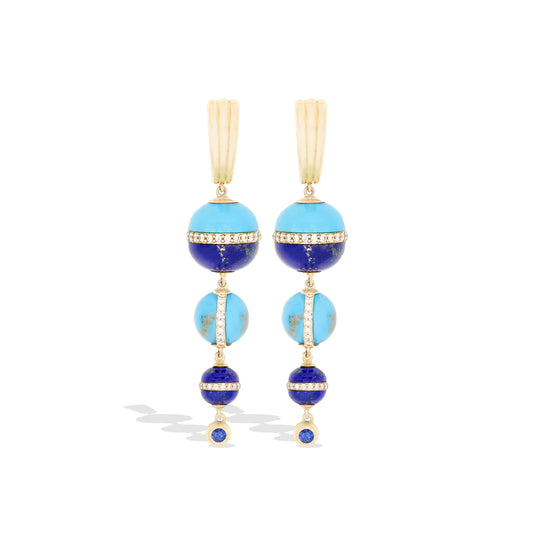 Revel Inlay Bobble Chandelier Earring - Lapis, Turquoise, Blue Sapphire & Diamond