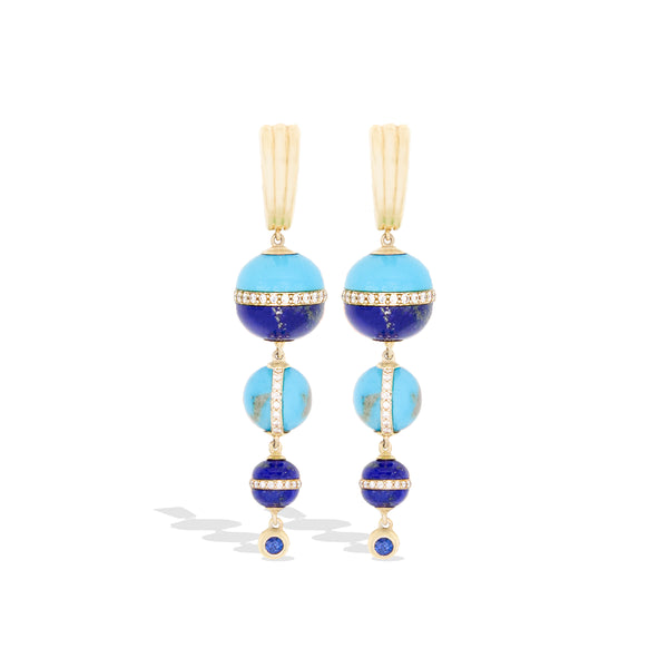 Revel Inlay Bobble Chandelier Earring - Lapis, Turquoise, Blue Sapphire & Diamond