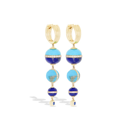 Revel Inlay Bobble Chandelier Earring - Lapis, Turquoise, Blue Sapphire & Diamond