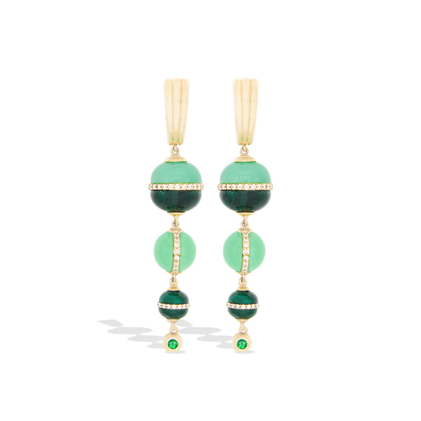 Revel Inlay Bobble Chandelier Earring - Malachite, Chrysoprase, Tsavorite & Diamond