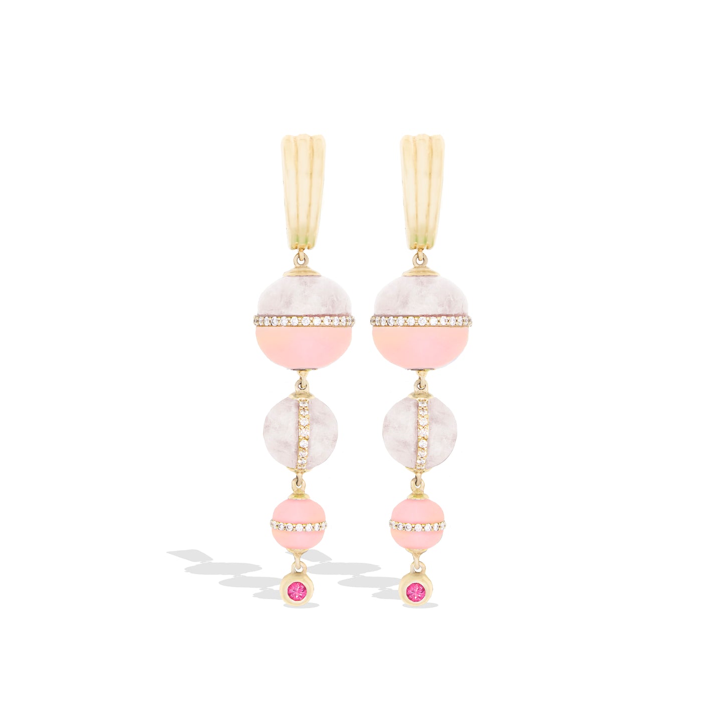 Revel Inlay Bobble Chandelier Earring - Rainbow Moonstone, Pink Opal, Pink Sapphire & Diamond