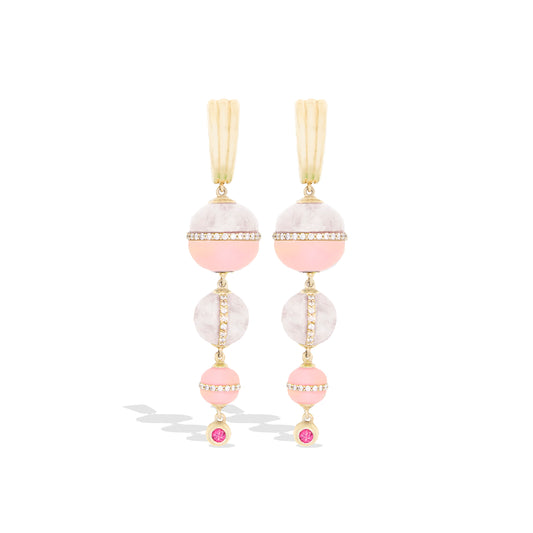 Revel Inlay Bobble Chandelier Earring - Rainbow Moonstone, Pink Opal, Pink Sapphire & Diamond