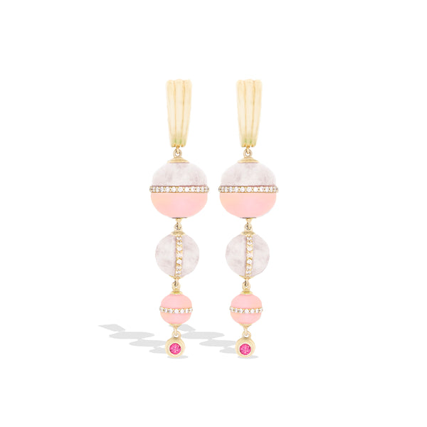 Revel Inlay Bobble Chandelier Earring - Rainbow Moonstone, Pink Opal, Pink Sapphire & Diamond