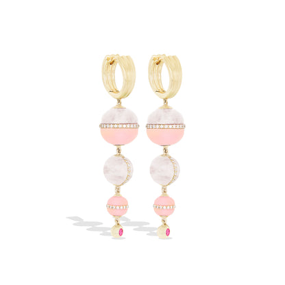 Revel Inlay Bobble Chandelier Earring - Rainbow Moonstone, Pink Opal, Pink Sapphire & Diamond