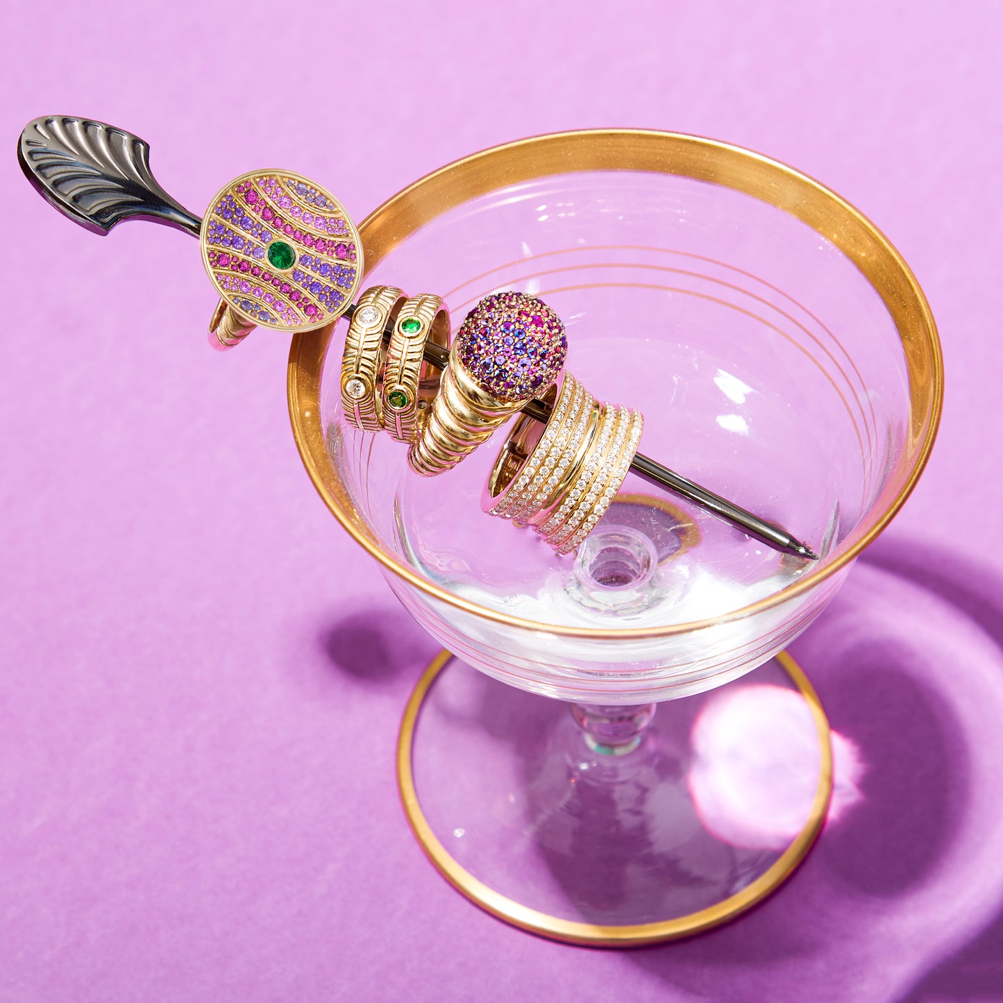Revel Large Dimensional Ring - Tsavorite, Amethyst, Rhodolite Garnet & Pink Sapphire
