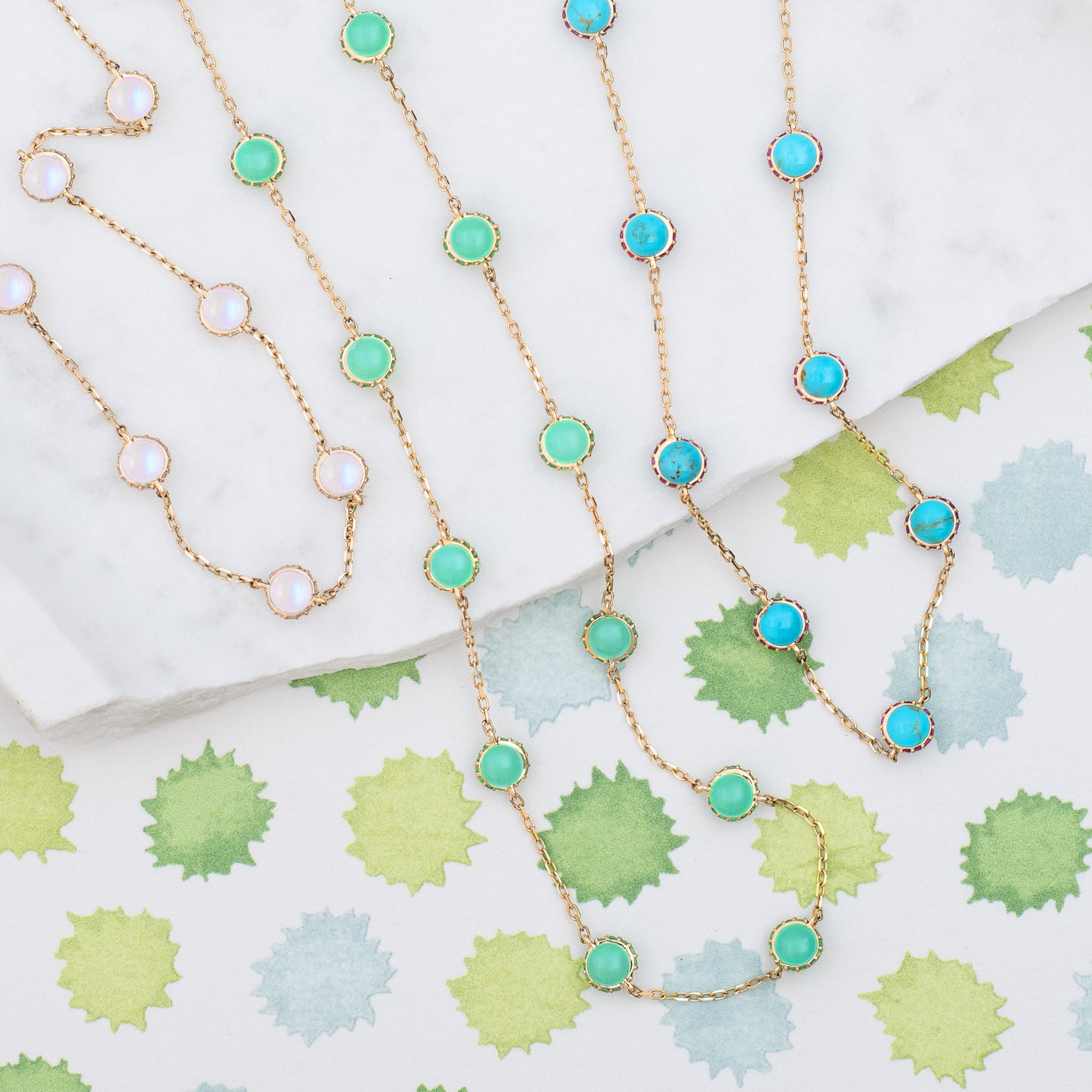 Found Cabochon Station Necklace - Turquoise & Pink Sapphire