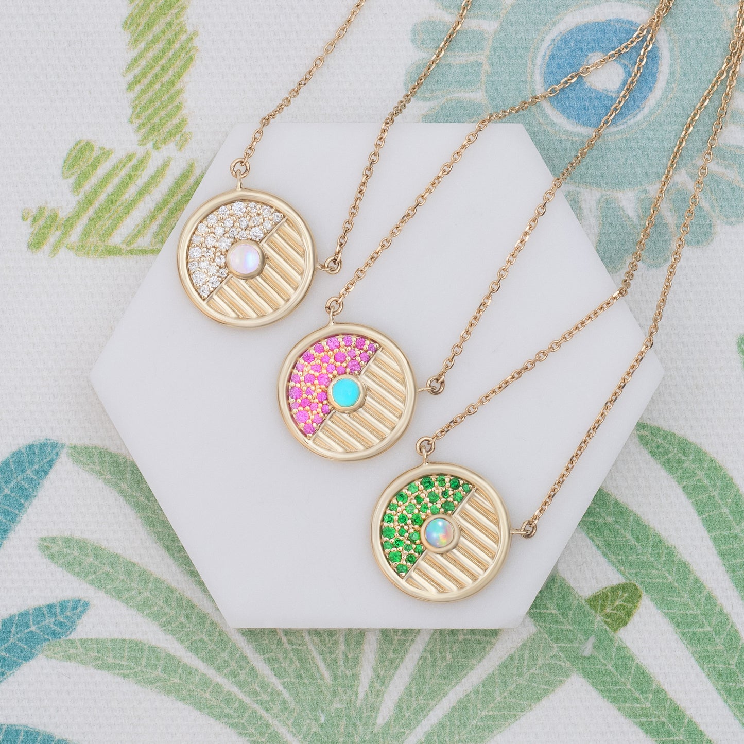 Found Small Disk Pendant Necklace - Pink Sapphire & Turquoise