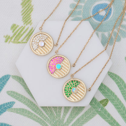 Found Small Disk Pendant Necklace - White Diamond & Moonstone