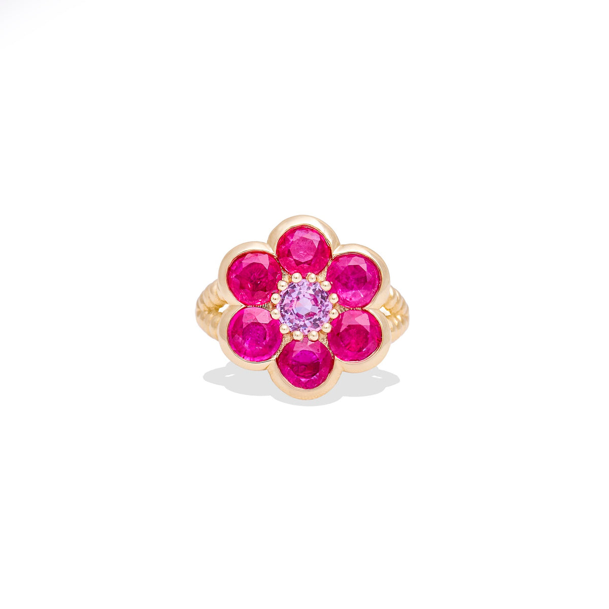 Blooms Large Ring in pink ruby and pink sapphire, 14k yellow gold, front view