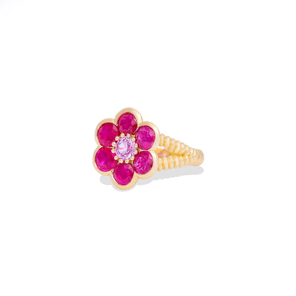 Blooms Large Ring in pink ruby and pink sapphire, angled view showing the split twisted gold band
