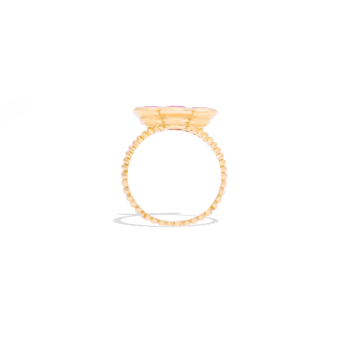 Blooms Large Ring in pink ruby and pink sapphire, side profile of the gold band
