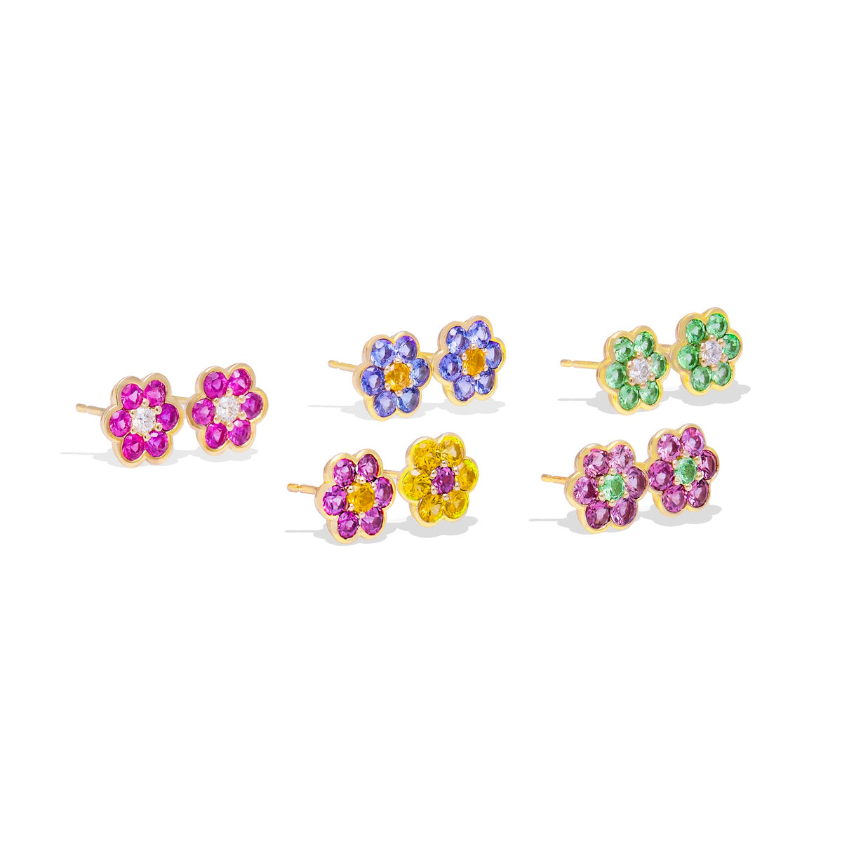 Five pairs of Blooms Stud Earrings in 14k yellow gold, angled view showing posts