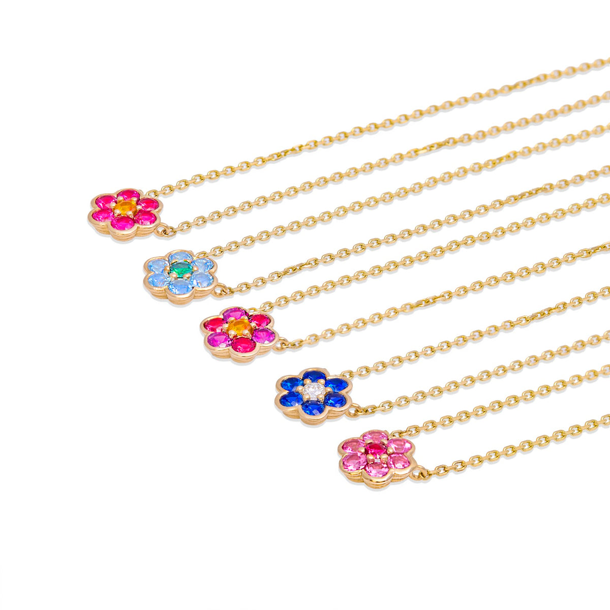 Five Small Blooms Pendant Necklaces in 14k yellow gold, angled view on cable chains
