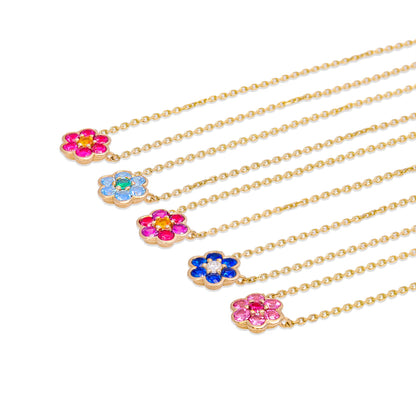 Five Small Blooms Pendant Necklaces in 14k yellow gold, angled view on cable chains