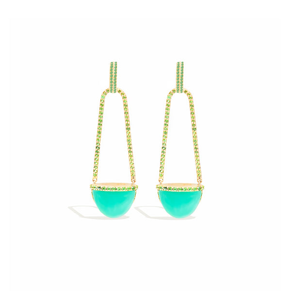 Found Cap Chandelier Earring with Stone - Chrysoprase & Tsavorite