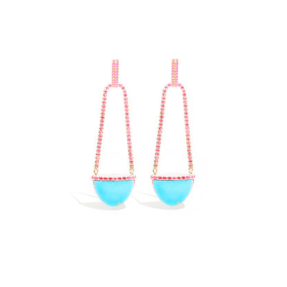 Found Cap Chandelier Earring with Stone - Turquoise & Pink Sapphire
