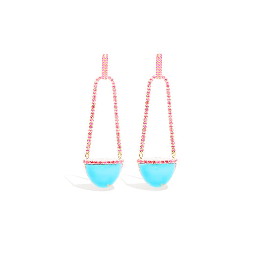 Found Cap Chandelier Earring with Stone - Turquoise & Pink Sapphire
