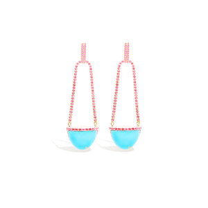 Found Cap Chandelier Earring with Stone - Turquoise & Pink Sapphire